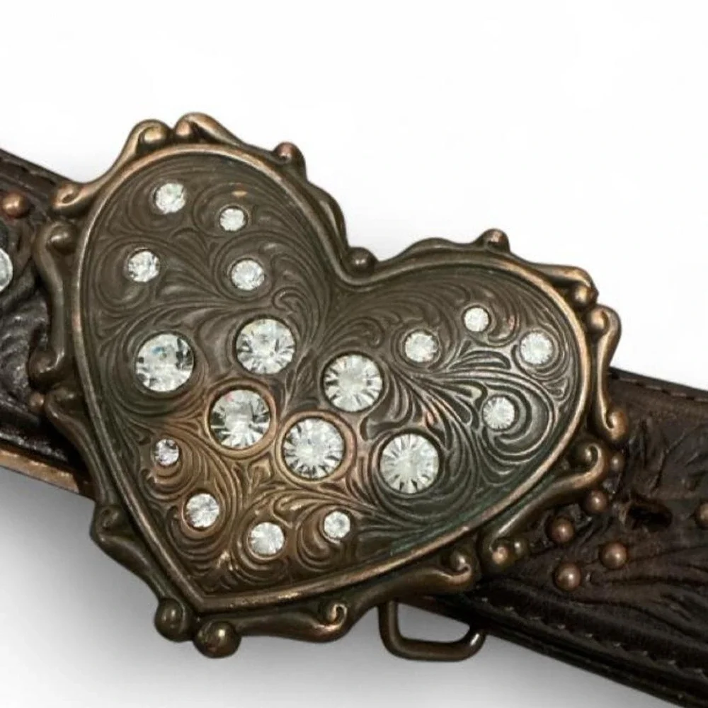 Justin Boots Heart Buckle Leather Belt Size 32 Brown C20508 Good Tooled Crystal